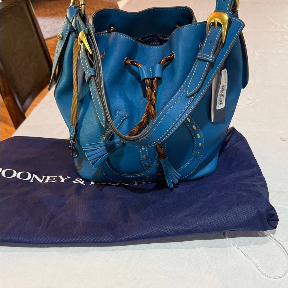Dooney & Bourke Blue Leather Drawstring Hobo with Tassels